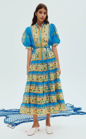 Autumn New French Retro Printing Splicing Process Single Buckle Belt Belt Waist Long Dress Dress Woman